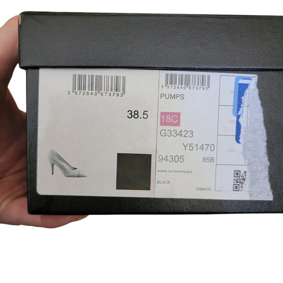 Chanel Black Suede Leather CC Logo Cap Toe High Heels Pearl Pumps 8 38.5 G33423 - Picture 12 of 14